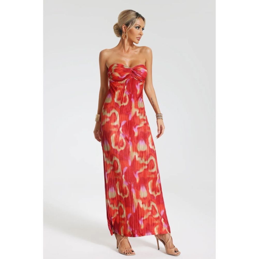 Micas Stunning Red Strapless Maxi Dress with Abstract‎ Print Size Large